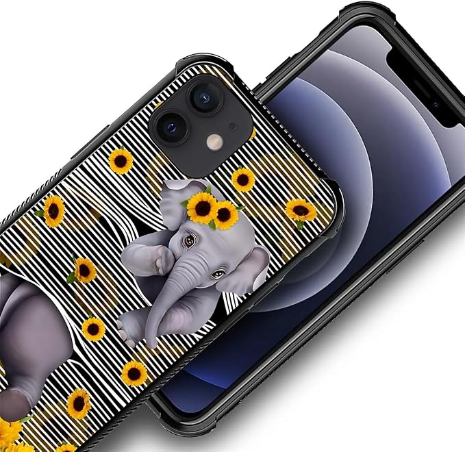 for iPhone 12 Mini Case, Cute Little Elephant Sunflower White Line Art Pattern - Image 2