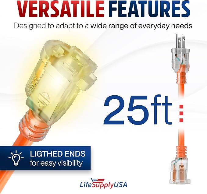 25ft Outdoor/Indoor Extension Cord 12/3 Gauge Extra Heavy Duty 3 Prong SJTW - Image 6