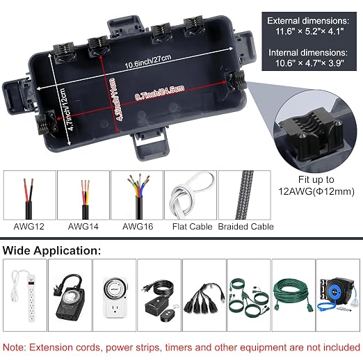Medium Outdoor Electrical Box, IP54 Waterproof Extension Cord Cover w/ 6 Cable - Image 5