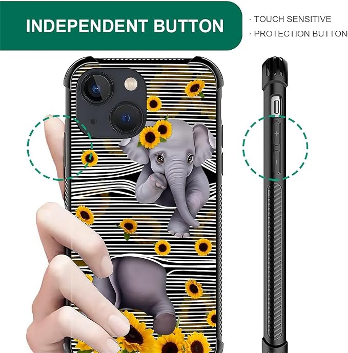 for iPhone 13 Case, Cute Little Elephant Sunflower White Line Art Pattern - Image 4
