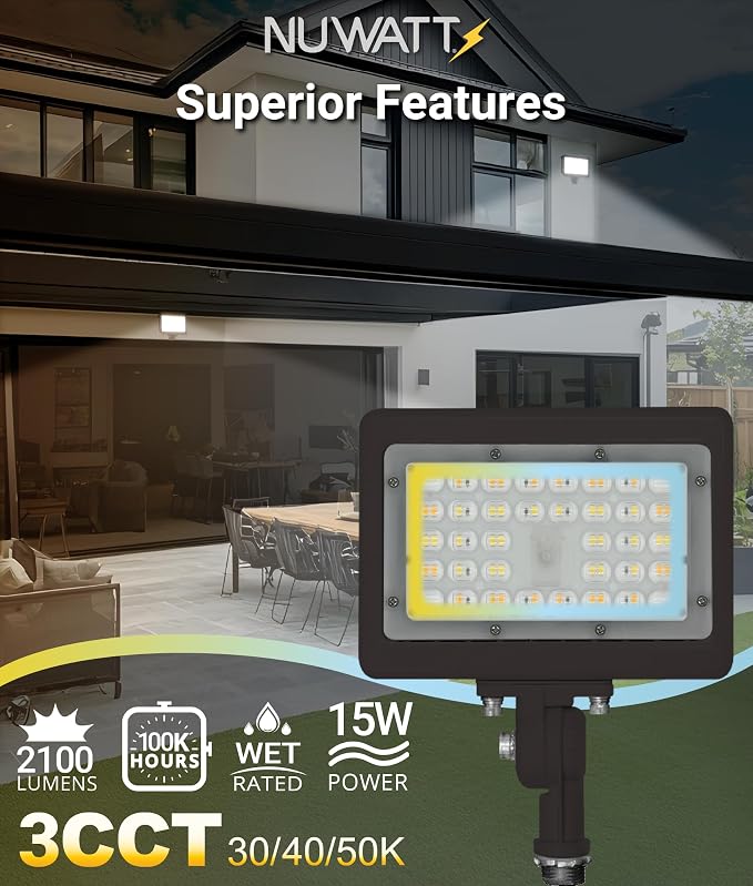 NUWATT 15W LED Flood Light, 3CCT 3000K/4000K/5000K Selectable, IP65 Waterproof - Image 4