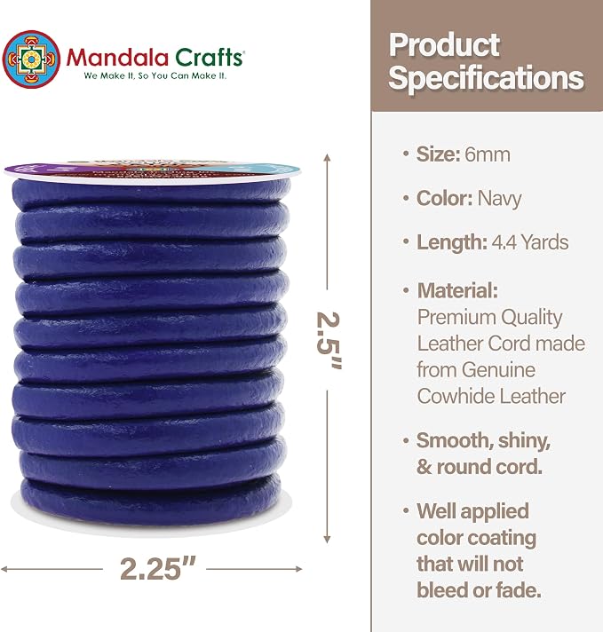 Mandala Crafts Round Genuine Navy Blue Leather Cord - Image 4