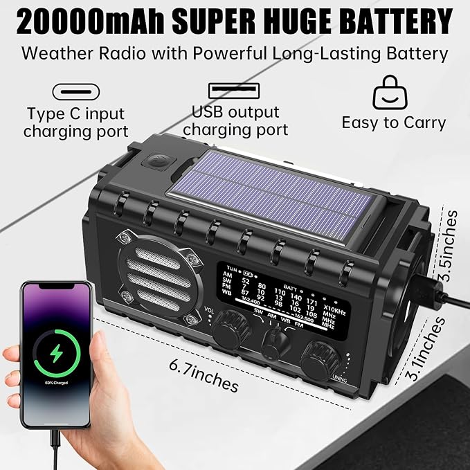 Aivica 20000mah Emergency Radio, SW/NOAA/AM/FM Weather Radio, Solar Powered - Image 3