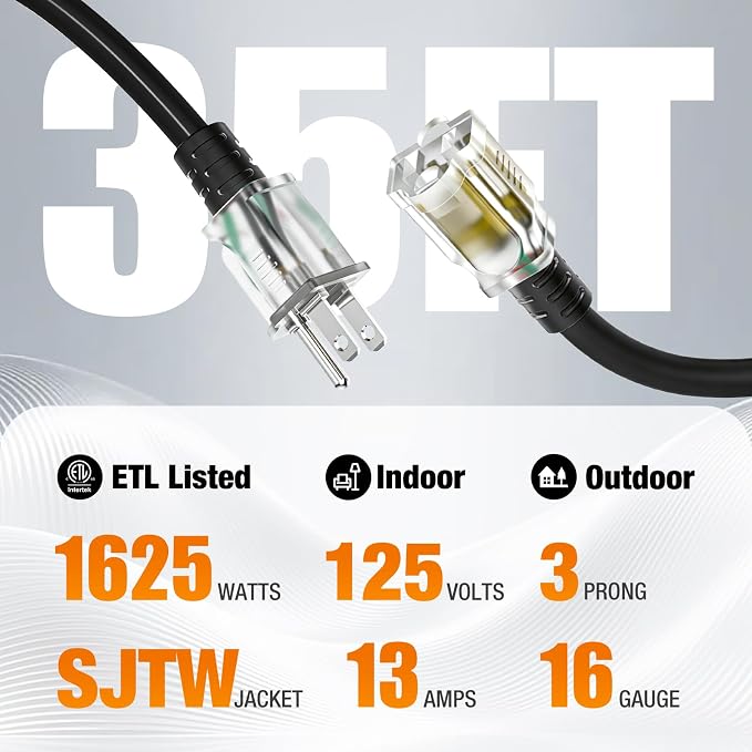 35 FT Outdoor Extension Cord Waterproof, 16/3 Gauge Heavy Duty 3 Prong Power - Image 2