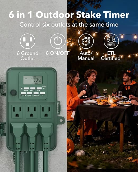 BN-LINK Outdoor Power Stake, 7-Day Programmable Digital Timer, 6 Outlets - Image 3
