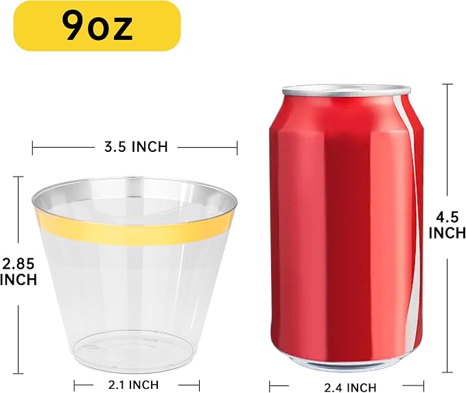 I00000 200 Pack Gold Plastic Cups, 9 Oz Elegant Clear Plastic Cups Gold Rimmed - Image 4