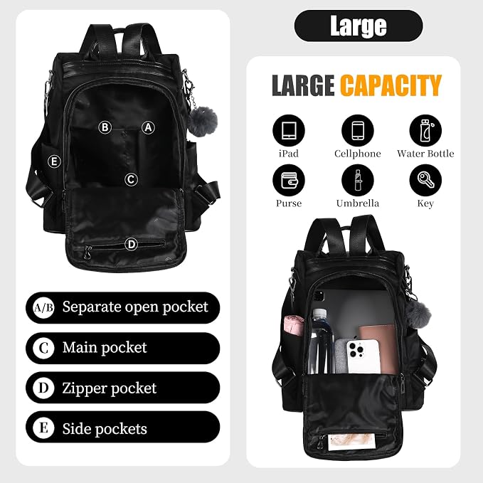 PINCNEL Women Backpack Purse Waterproof Nylon Anti-theft Rucksack Lightweight - Image 3
