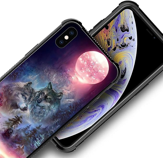 for iPhone Xs Max Case, Star Two Wolfs Howling Pattern Graphic Design Girl Boy - Image 3