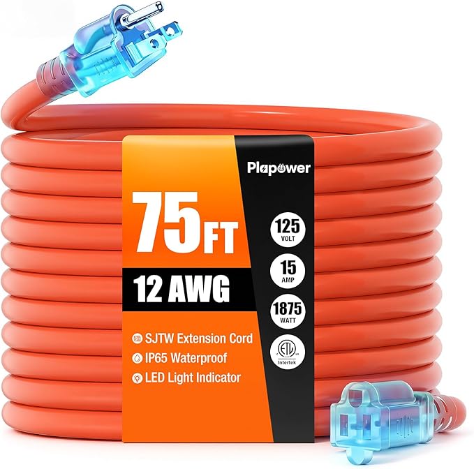 Outdoor Extension Cord 75 FT Waterproof, 12/3 Gauge Heavy Duty 3 Prong Power by Unknown