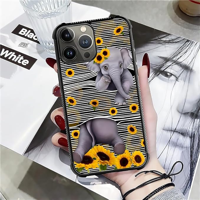 for iPhone 16 Pro Max Case, Cute Little Elephant Sunflower White Line Art - Image 7