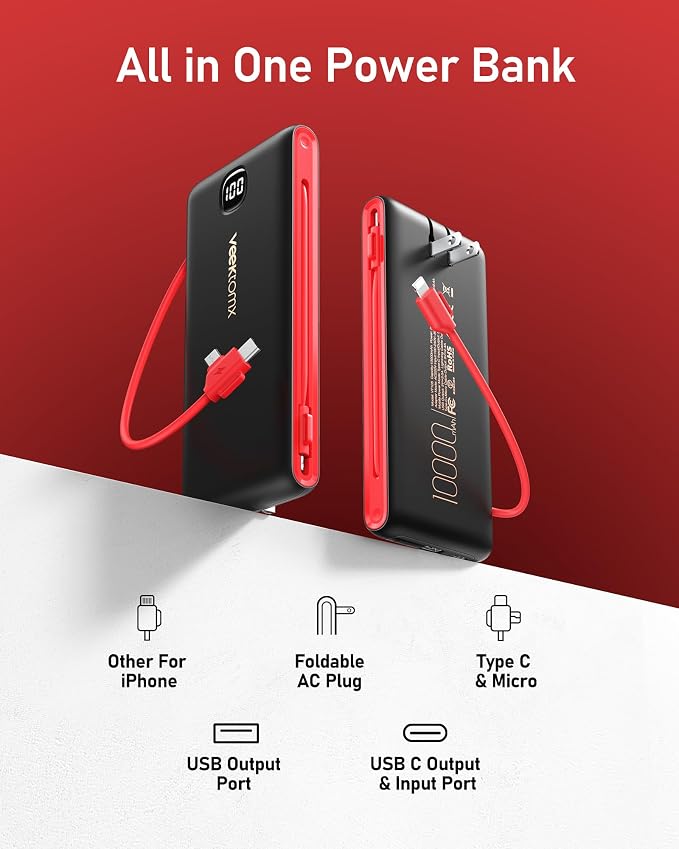 VEEKTOMX Portable Charger with Built in Cables 10000mAh, Power Bank - Image 2