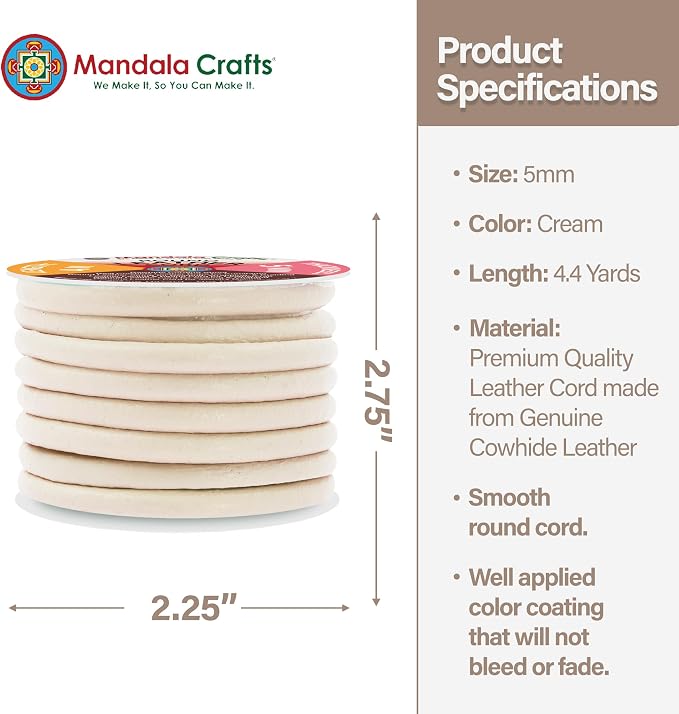 Mandala Crafts Round Genuine Cream Leather Cord - Image 4
