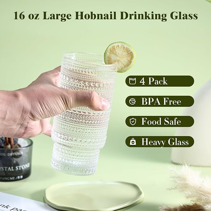 Large Capacity 16 oz Hobnail Drinking Glasses Set of 4, Vintage Glassware - Image 2