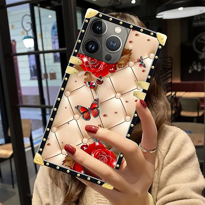 Compatible with iPhone 12 Pro Max Case, Shining Red Rose Butterfly Leather - Image 6