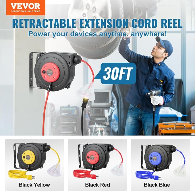 VEVOR Retractable Extension Cord Reel, 30 FT, Heavy Duty 16AWG/3C SJTOW - Image 2