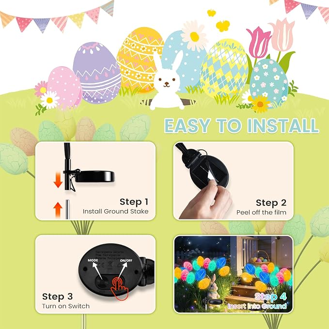 4 Pack 32 Led Solar Easter Egg Lights, Colorful Garden Swaying Firefly Lights - Image 9