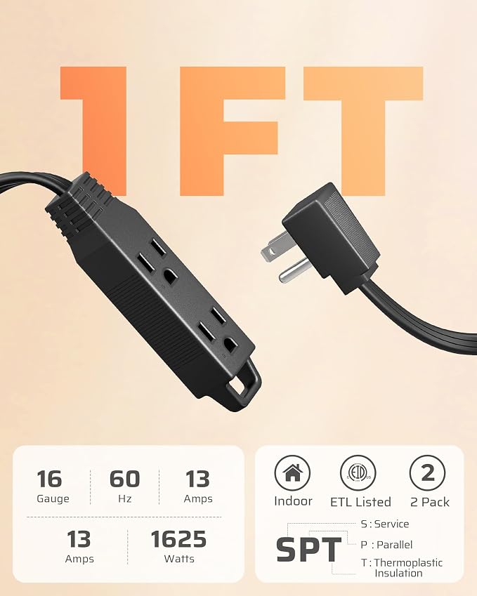 DEWENWILS Flat Plug Extension Cord, 1 FT 16/3 Awg Grounded Power Cable - Image 2