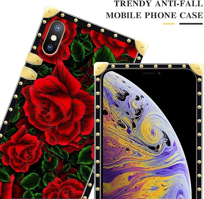 Compatible with iPhone XR Case, Vector Red Rose Green Leaf Luxury Golden - Image 4