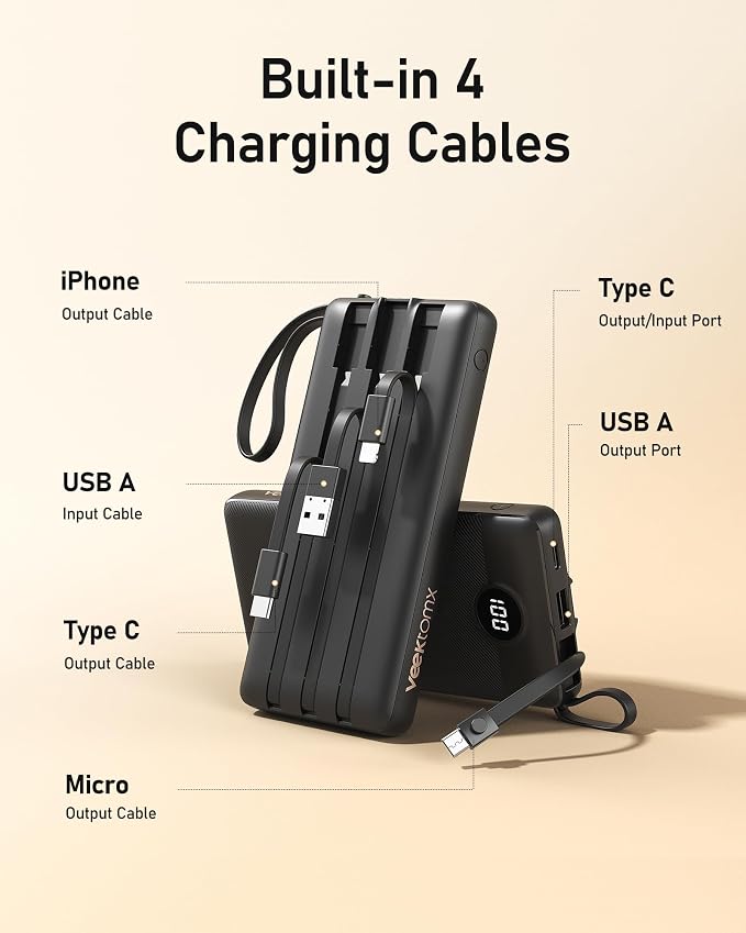 VEEKTOMX Portable Charger Built-in Cables, 10000mAh Power Bank - Image 2
