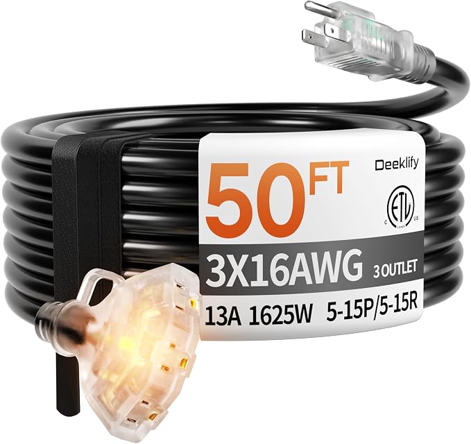 50 ft 16/3 awg 3 Outlet Extension Cord Splitter by Deeklify