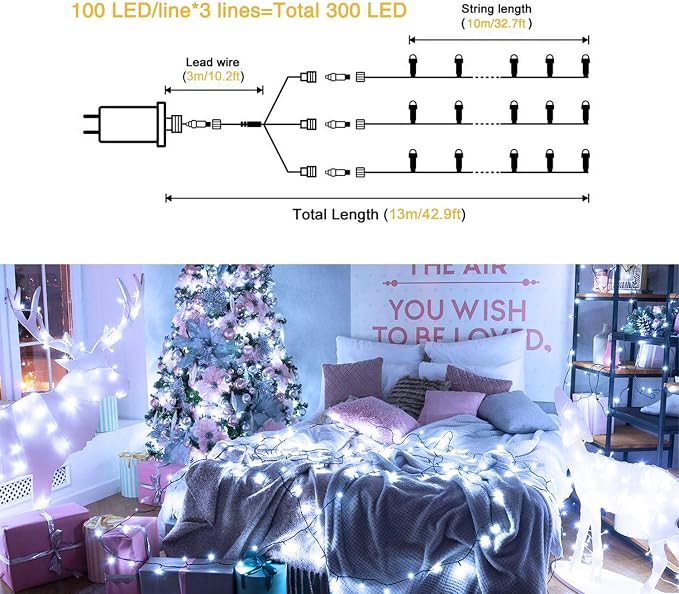 JMEXSUSS 300 LED White Christmas Lights, Outdoor Indoor, 8 Modes, Waterproof - Image 2
