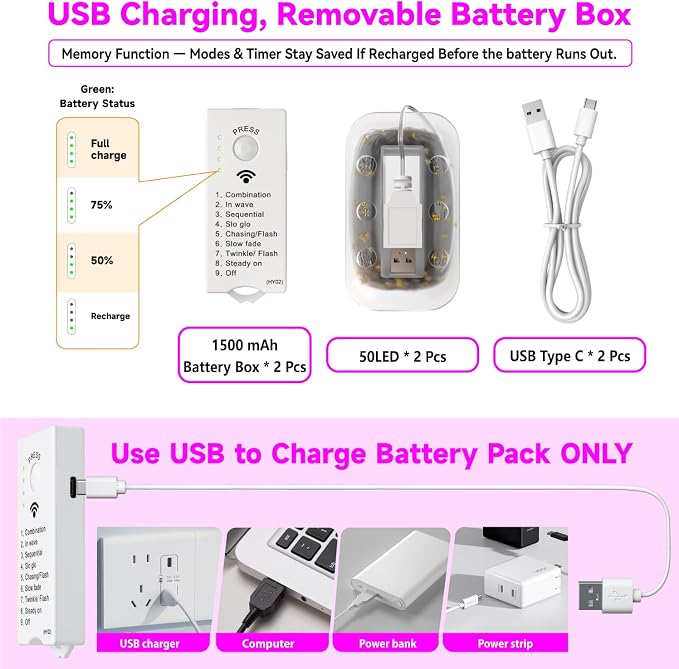 HXWEIYE Rechargeable Fairy Lights Battery Operated, DIY Timer & 8 Modes - Image 6