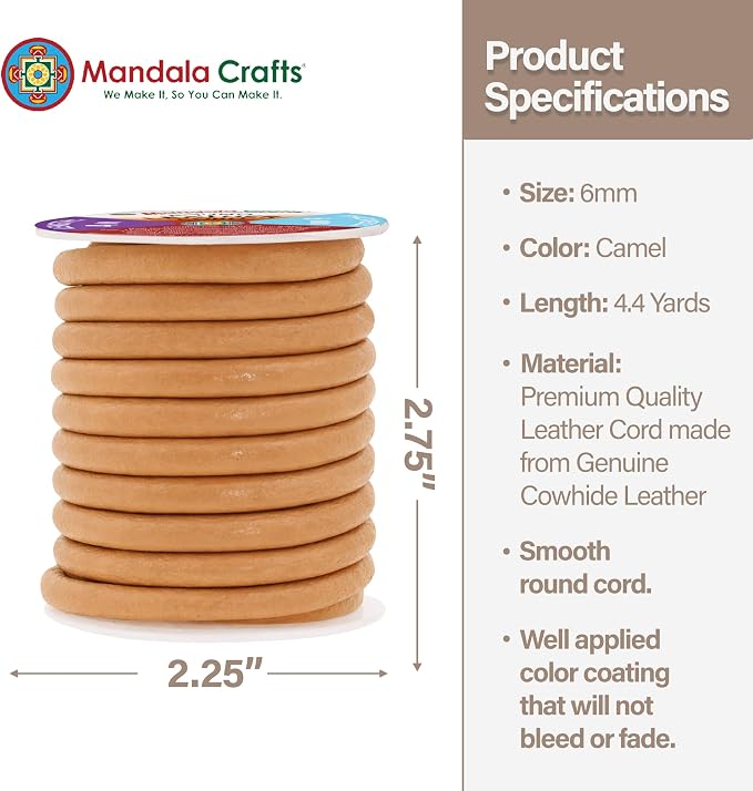 Mandala Crafts Round Genuine Camel Leather Cord - Image 2