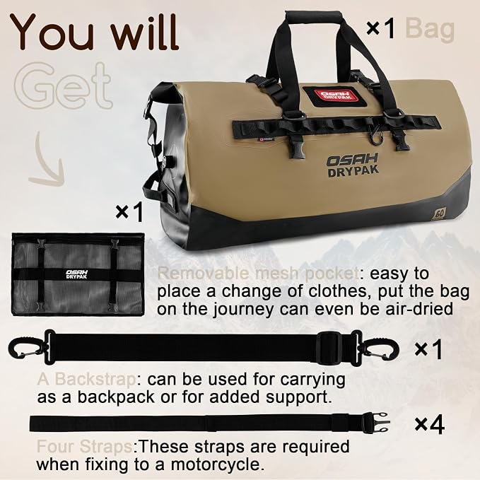 OSAH DRYPAK Waterproof Duffel Bag 25L/40L/60L – Heavy-Duty Motorcycle Tail Bag - Image 8