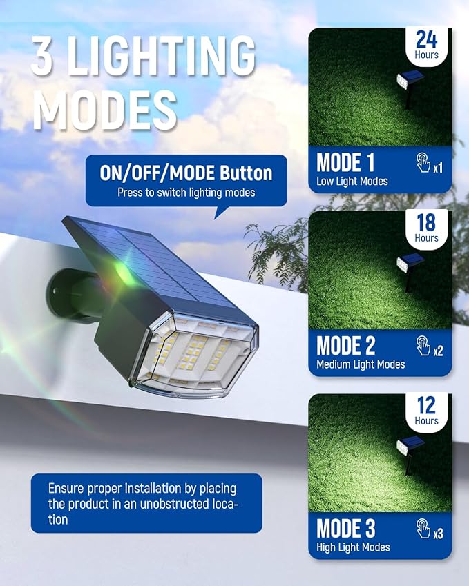 AUDERWIN Solar Spot Lights Outdoor Waterproof 2 Pack IP65, 63 LED 3 Lighting - Image 2