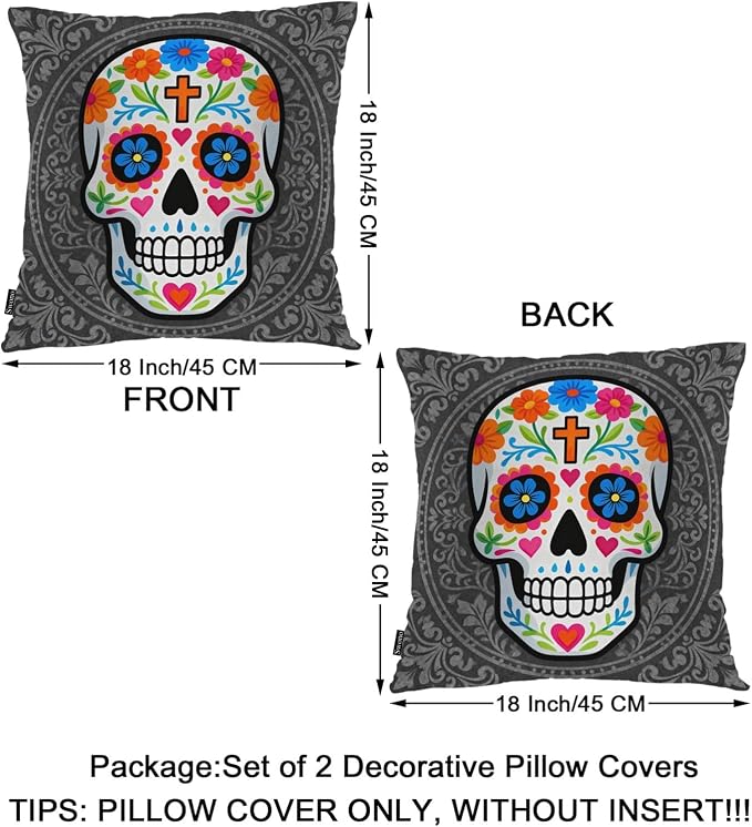 Swono Sugar Skull Set of 2 Square 18x18 Inch Throw Pillow Cover Mexican Day of - Image 6