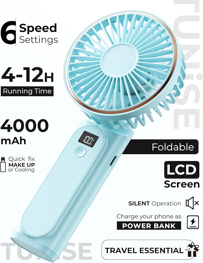 TUNISE Portable Handheld Fan, 180 Adjustable, 6 Speed Wind, USB Rechargeable - Image 2