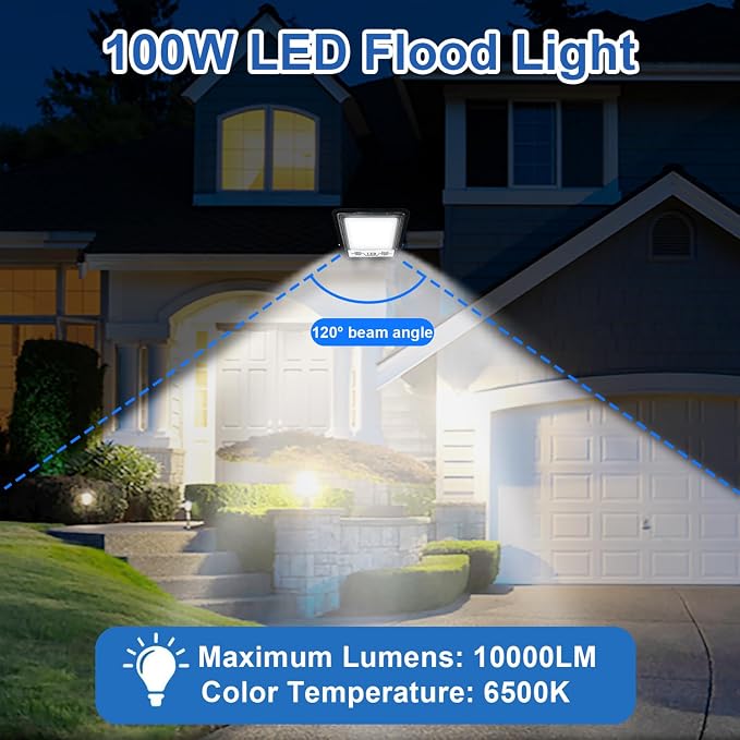 CREATESTAR 2 Pack 100W LED Flood Light Outdoor, 10000LM Bright LED Work Lights - Image 2