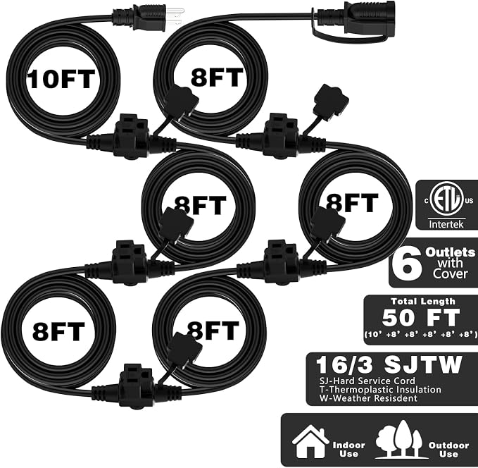 K KASONIC - Outdoor Extension Cord 50 FT, Evenly Spaced 6 Outlets Plugs - Image 2