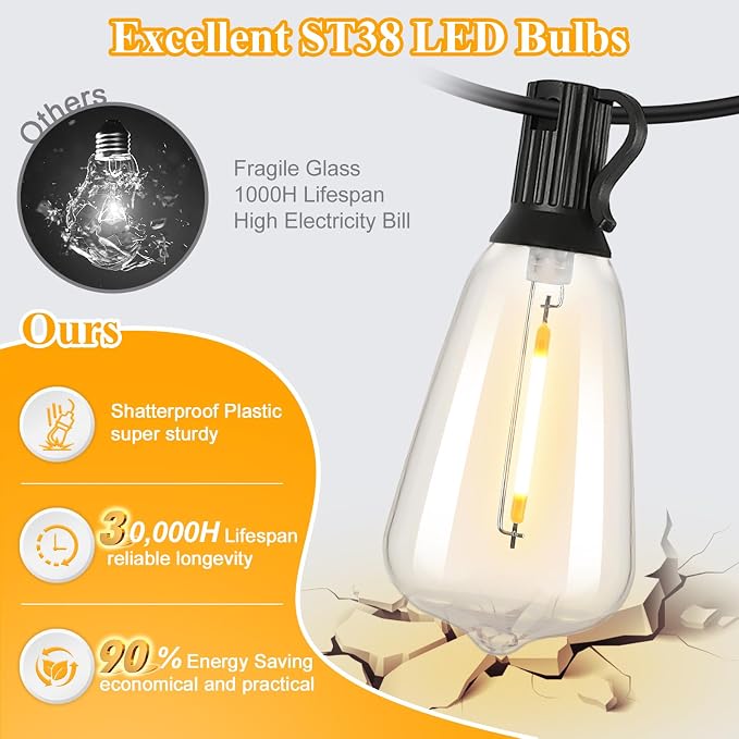 Brightever 120FT Outdoor String Lights Waterproof, 2700K Bright LED Patio Lights - Image 2