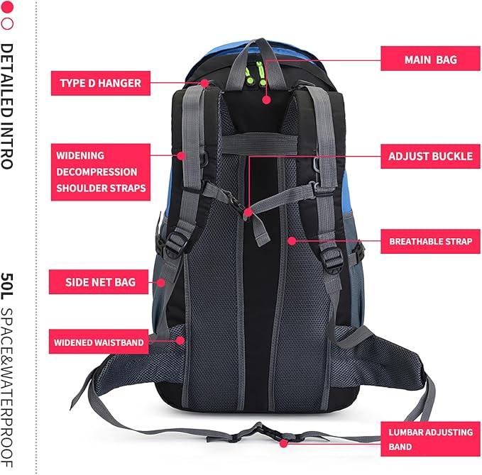 Bseash 50L Hiking Backpack, Water Resistant Lightweight Outdoor Sport Daypack - Image 7