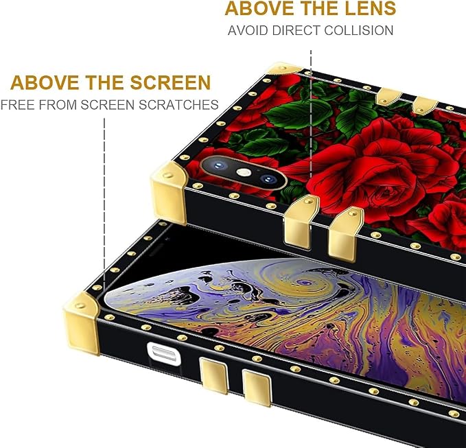 Compatible with iPhone Xs Max Case, Vector Red Rose Green Leaf Luxury Golden - Image 7