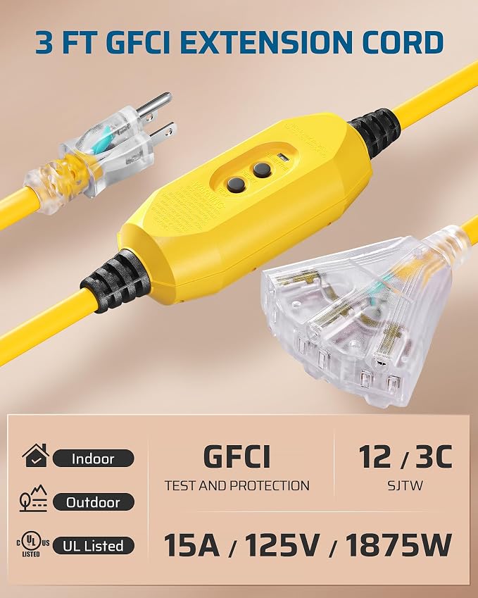 DEWENWILS 3FT GFCI Extension Cord Outdoor, 12/3 AWG SJTW Heavy Duty Power Cable - Image 2