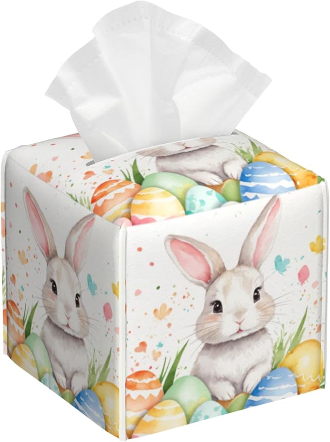 Tissue Box Cover Square, Cute Easter Rabbit and Eggs Tissue Box Holder by Unknown