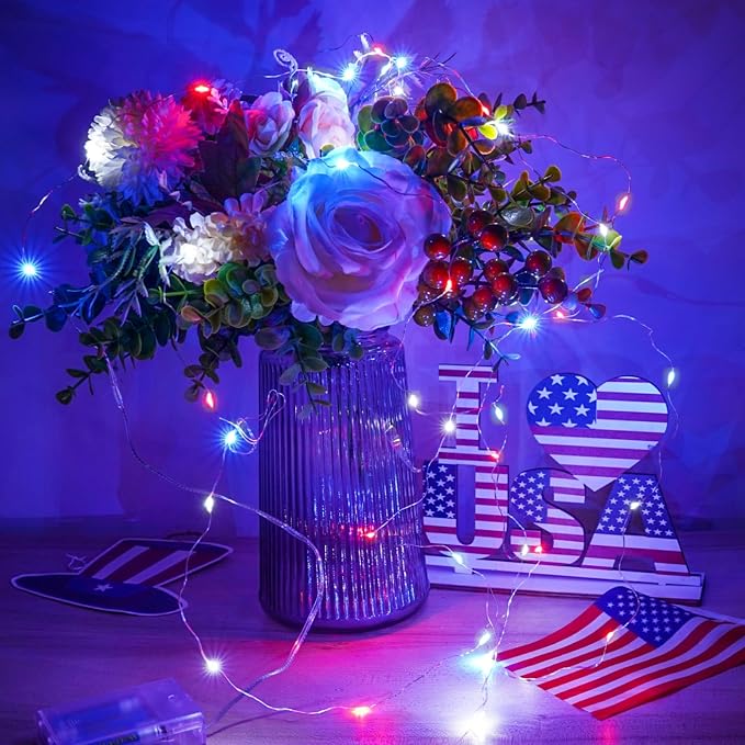 4th of July Decorations, 4 Pack Red White and Blue Fairy Lights Battery Operated - Image 3