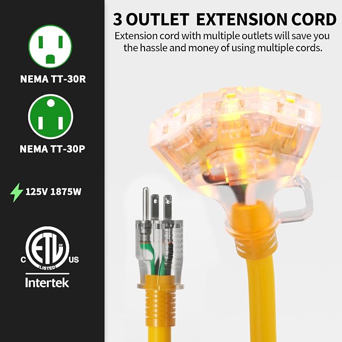 POWGRN 3 FT 2 Pack 12/3 Gauge Extension Cord - Image 2