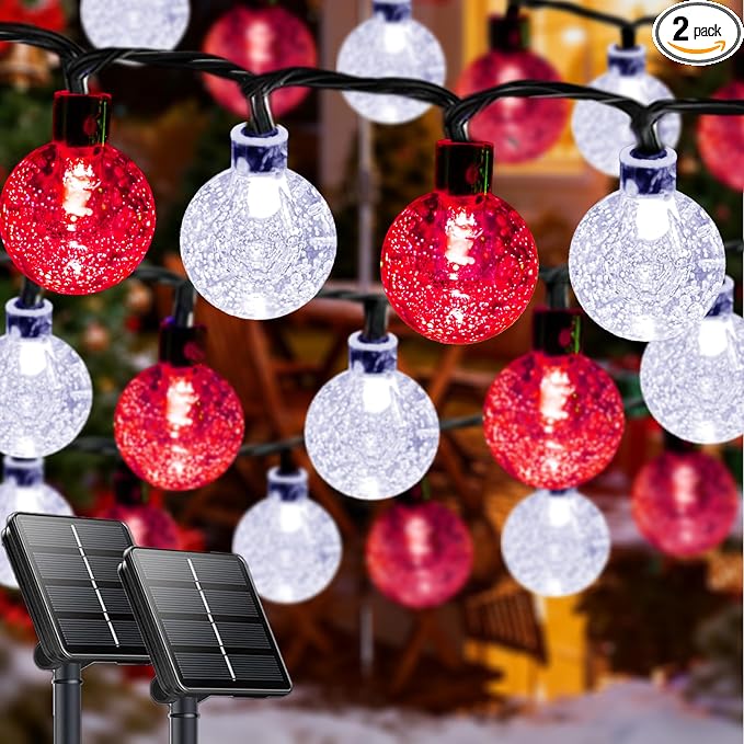 Red and White Solar String Lights Outdoor, Waterproof 2-Pack Total 100 LED 64FT by LORRYTE
