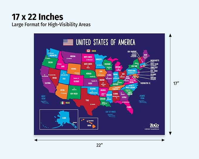 ZOCO – United States Map with Capitals Poster – Laminated 17x22 – Educational - Image 2