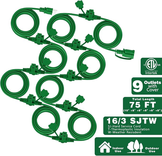 K KASONIC - Outdoor Extension Cord 75 FT, Evenly Spaced 9 Outlets Plugs - Image 2