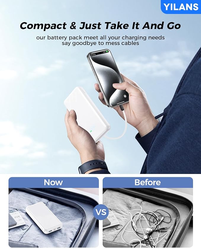 Portable Charger, 50000mAh Power Bank Built-in Cable, 22.5W PD USB C In & Out - Image 4