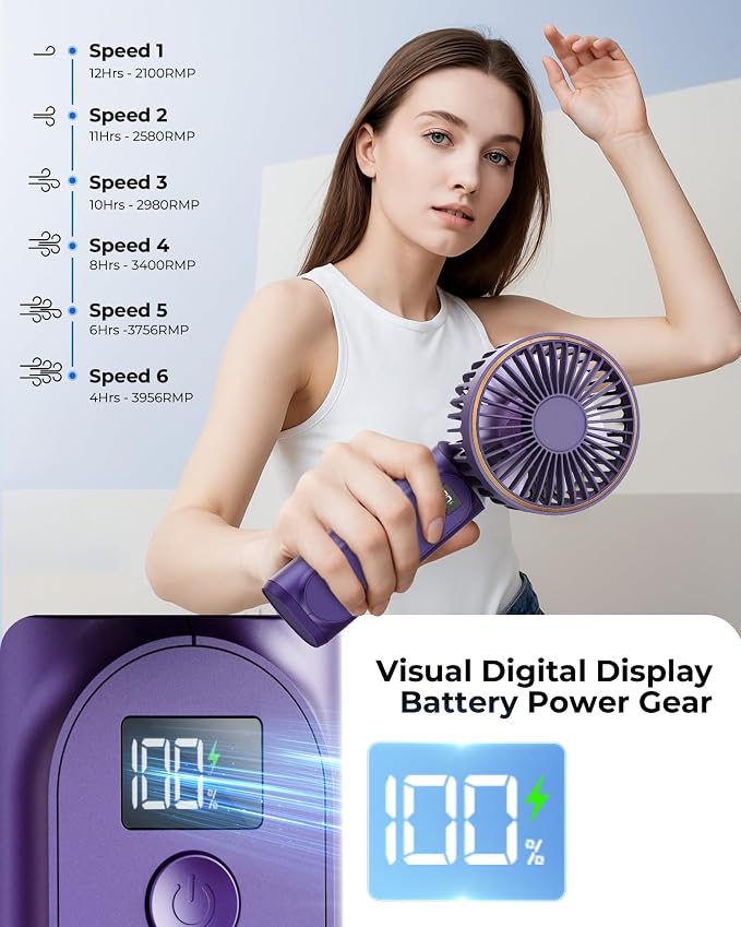 TUNISE Portable Handheld Fan, 180 Adjustable, 6 Speed Wind, USB Rechargeable - Image 5