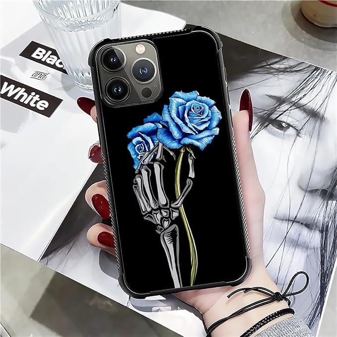 for iPhone 16 Pro Case, Skeleton Holding Blue Rose Pattern Graphic Design Girl - Image 7
