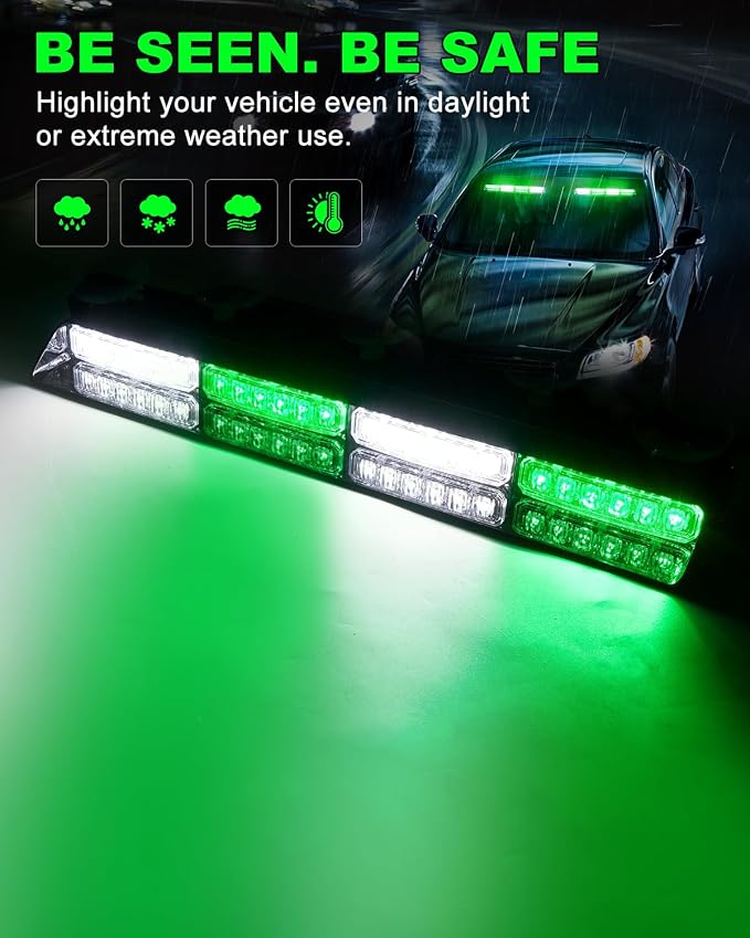 HLauto 6Z4J Emergency Dash Strobe Lights: 2x16.8 inch Green White Safety Lights - Image 3