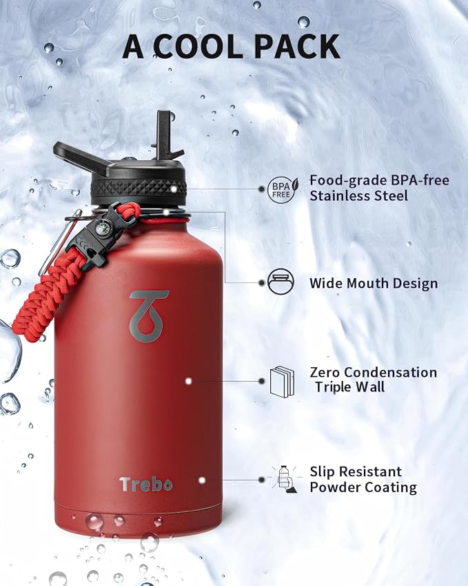 Trebo Water Bottle 64oz with Paracord Handle, Half Gallon Large Vacuum Triple - Image 6