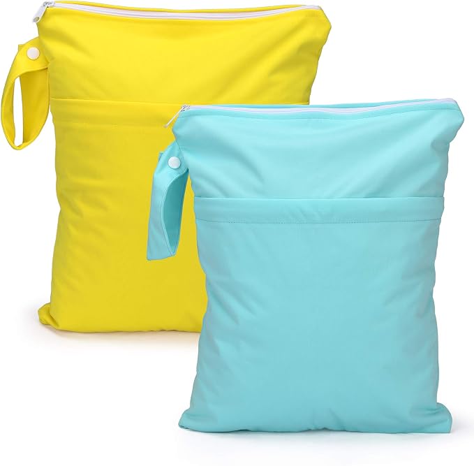 Waterproof Wet Dry Bags with Two Pockets 2-Pack Cloth Diaper Travel Organizer by Welcometoeaxin
