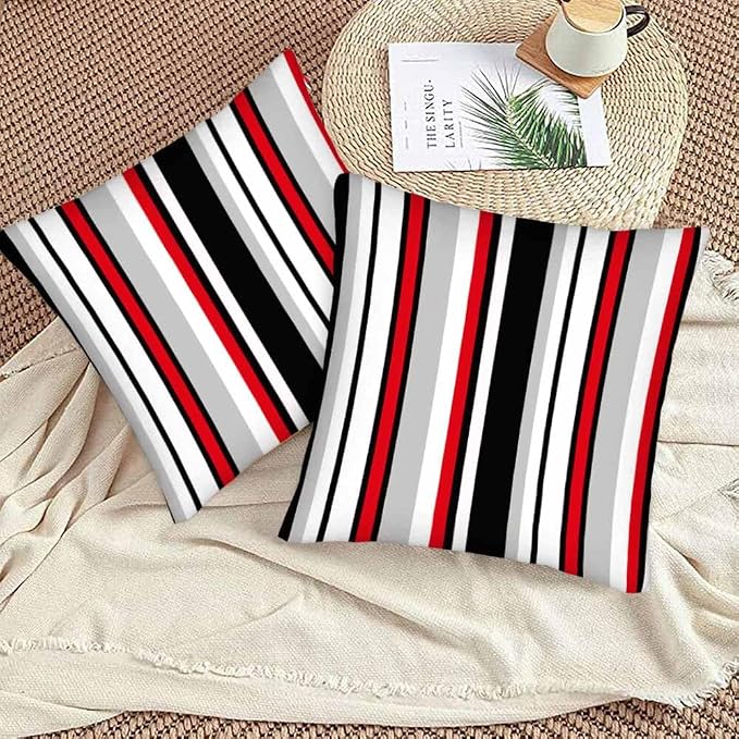 Vertical Lines Striped Pillow Covers 18 X 18 Black White Grey Red Watercolor - Image 3